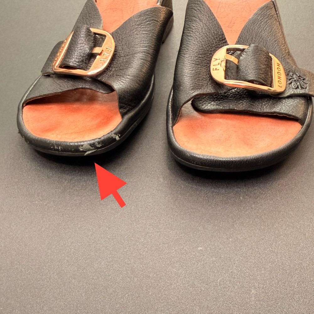 FLY London Elax Leather Mules Sandals Women's Buckle‎ Detail Black Open Toe 7 - Picture 4 of 11